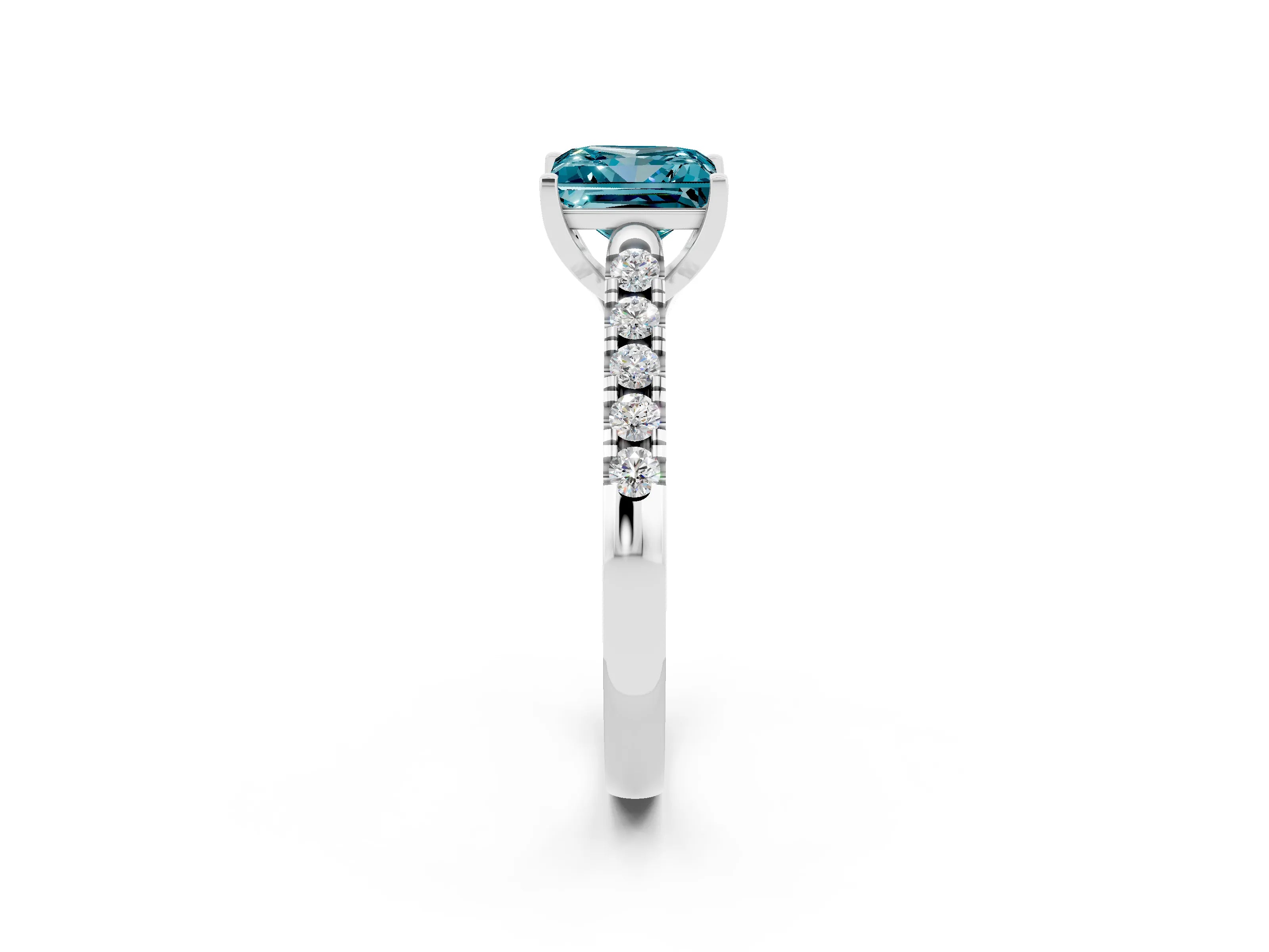 White gold {shape_name} Blue Topaz Solitaire Ring with Pavé Band and Four-Prong Setting_2