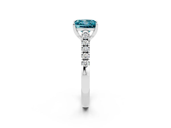 Silver Princess Cut Blue Topaz Pavé Band Solitaire Ring with Prong Setting