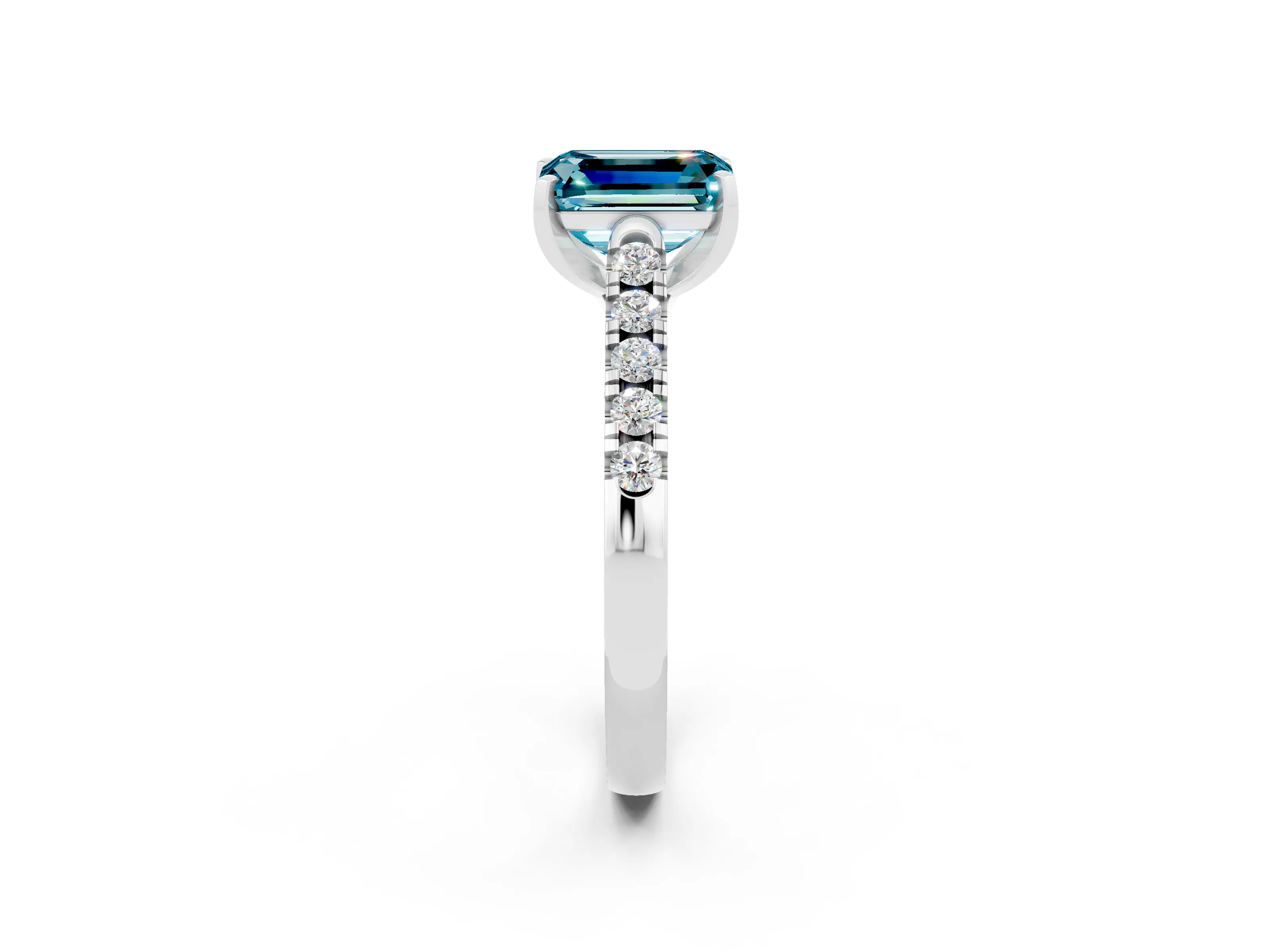 White gold {shape_name} Blue Topaz Solitaire Ring with Pavé Band and Four-Prong Setting_2