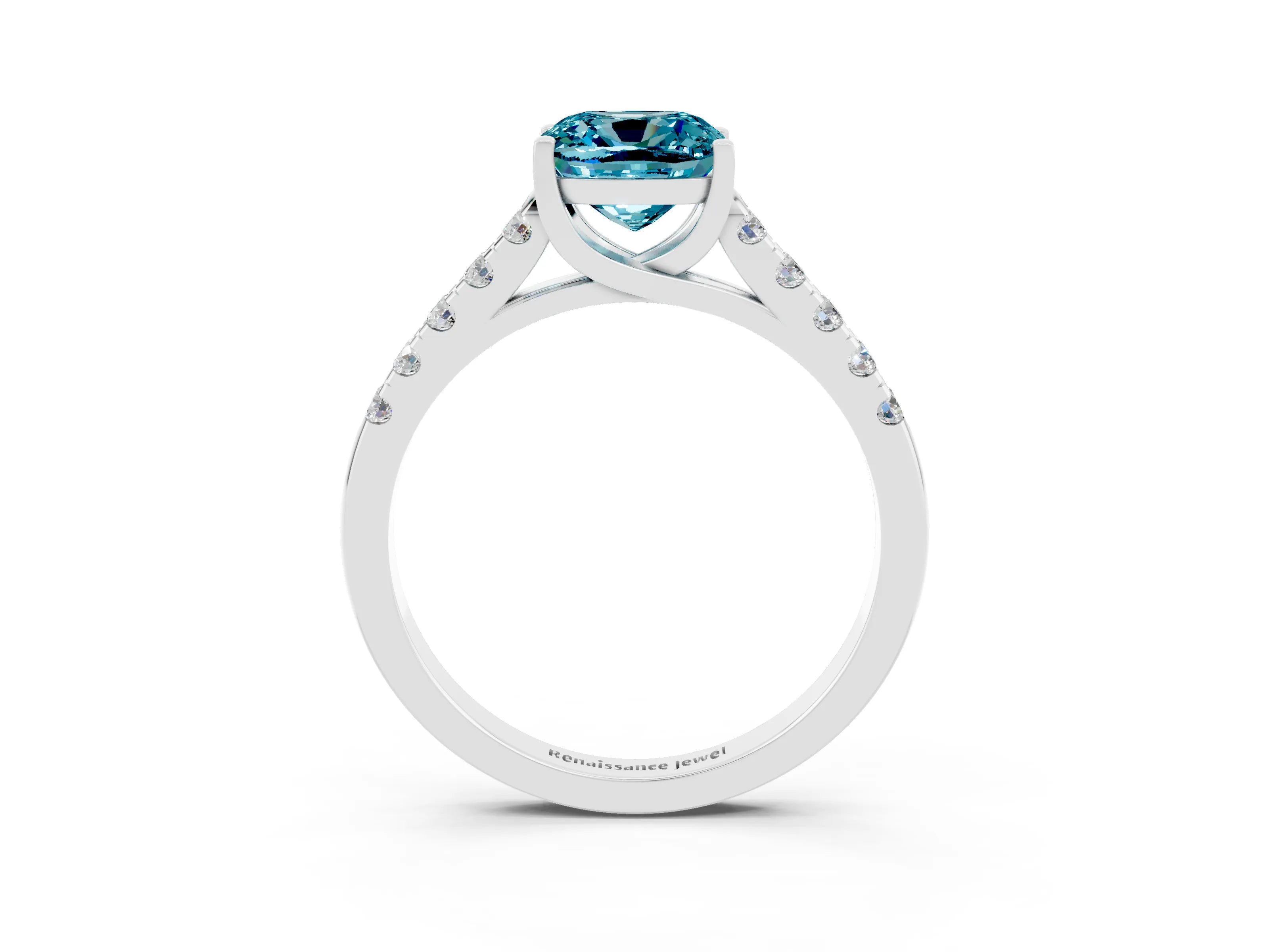 White gold {shape_name} Blue Topaz Solitaire Ring with Pavé Band and Four-Prong Setting_3