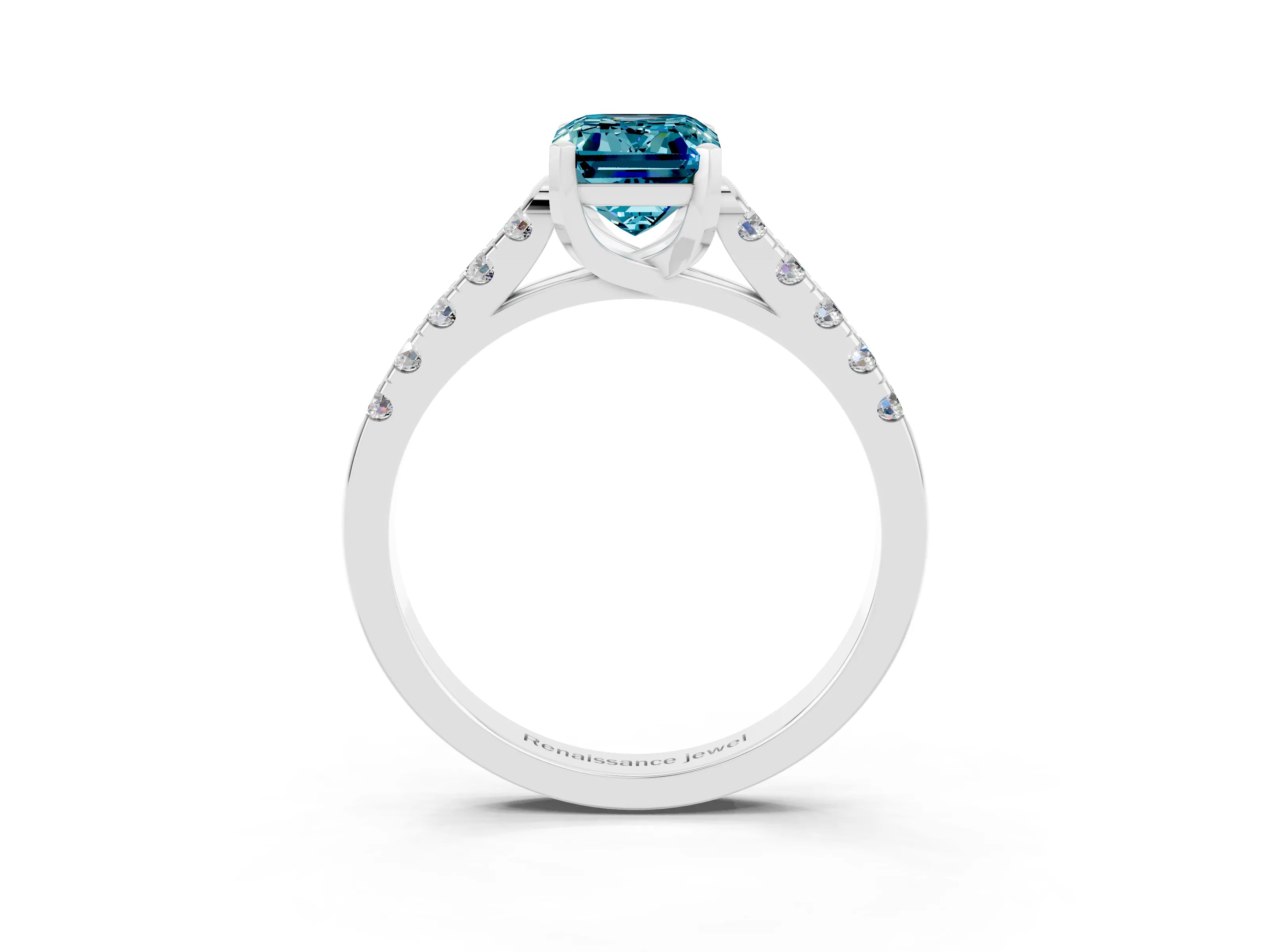 White gold {shape_name} Blue Topaz Solitaire Ring with Pavé Band and Four-Prong Setting_3