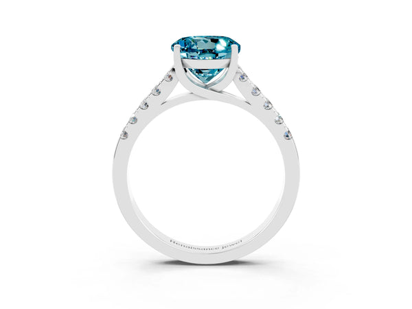 Silver Round Cut Blue Topaz Pavé Band Solitaire Ring with Prong Setting