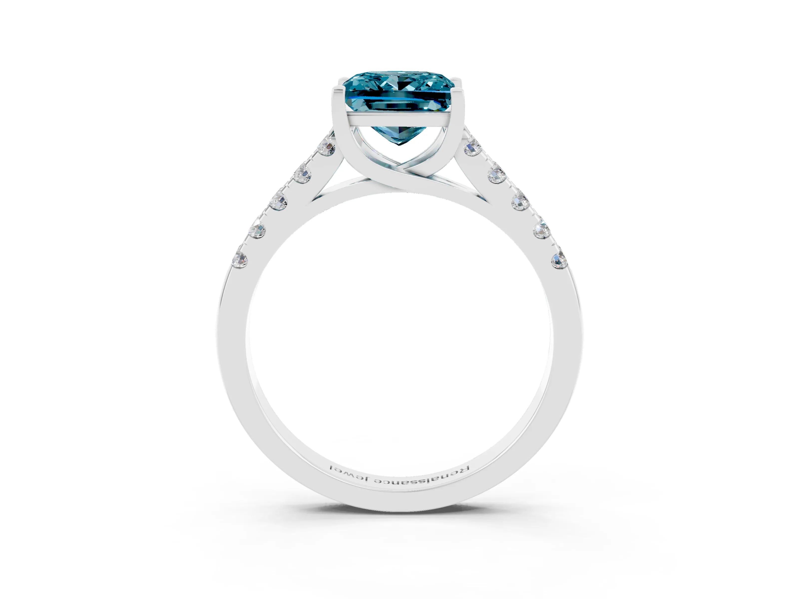 White gold {shape_name} Blue Topaz Solitaire Ring with Pavé Band and Four-Prong Setting_3