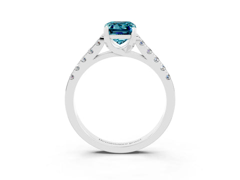 White gold {shape_name} Blue Topaz Solitaire Ring with Pavé Band and Four-Prong Setting_3