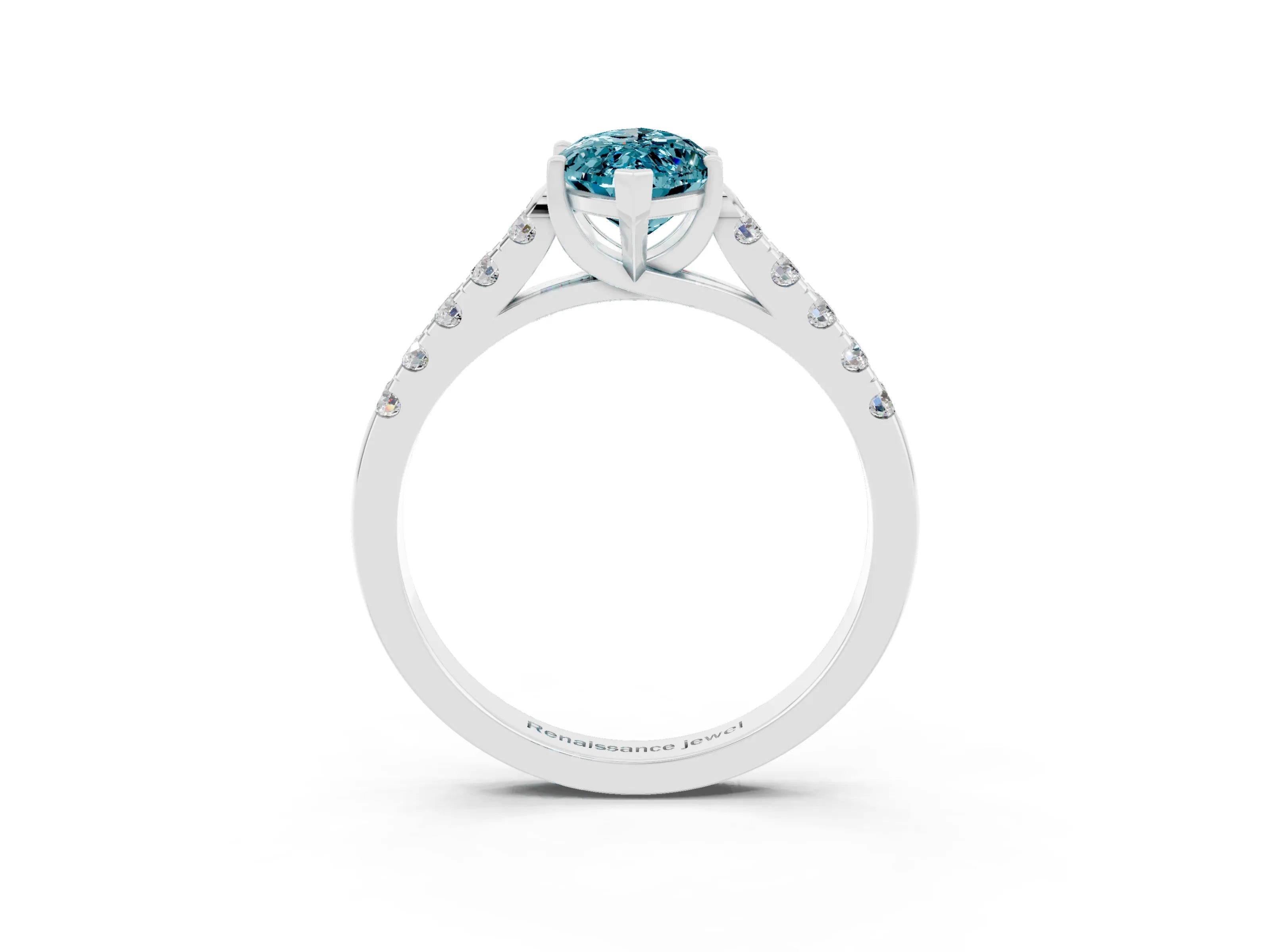 White gold {shape_name} Blue Topaz Solitaire Ring with Pavé Band and Four-Prong Setting_3