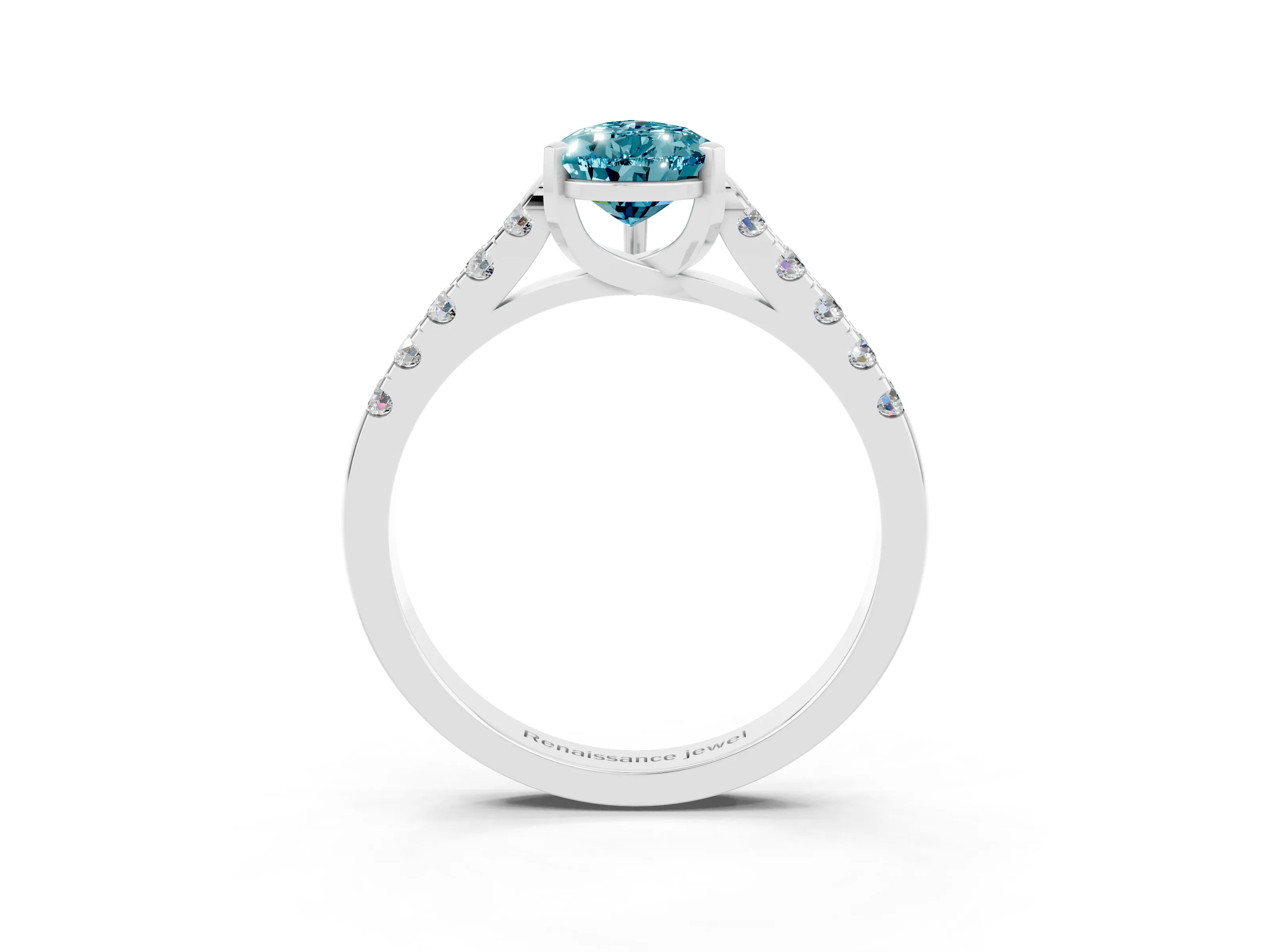 White gold {shape_name} Blue Topaz Solitaire Ring with Pavé Band and Four-Prong Setting_3