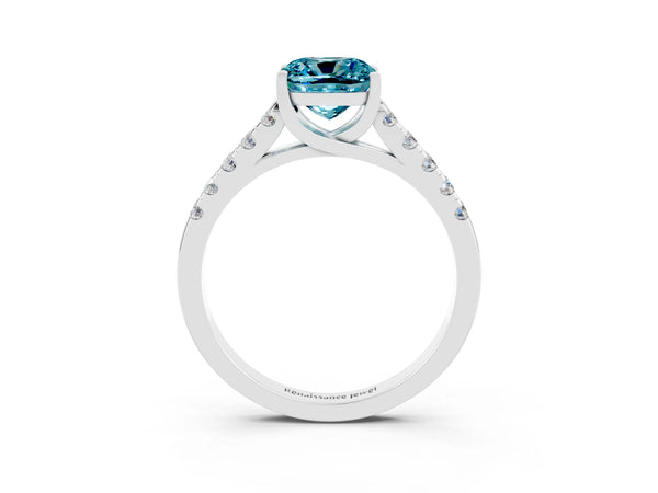 Silver Cushion Cut Blue Topaz Pavé Band Solitaire Ring with Prong Setting