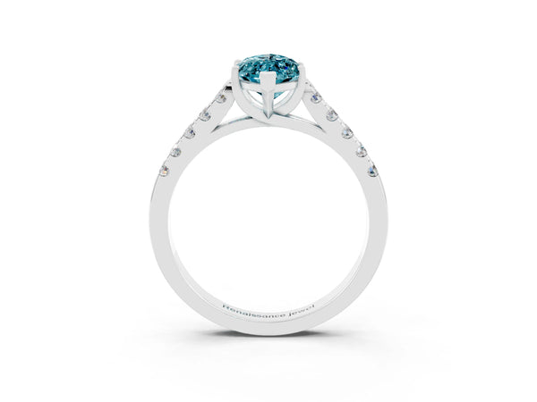 Platinum Marquise Cut Blue Topaz Pavé Band Solitaire Ring with Prong Setting