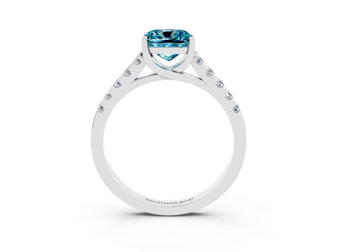 White gold {shape_name} Blue Topaz Solitaire Ring with Pavé Band and Four-Prong Setting_3