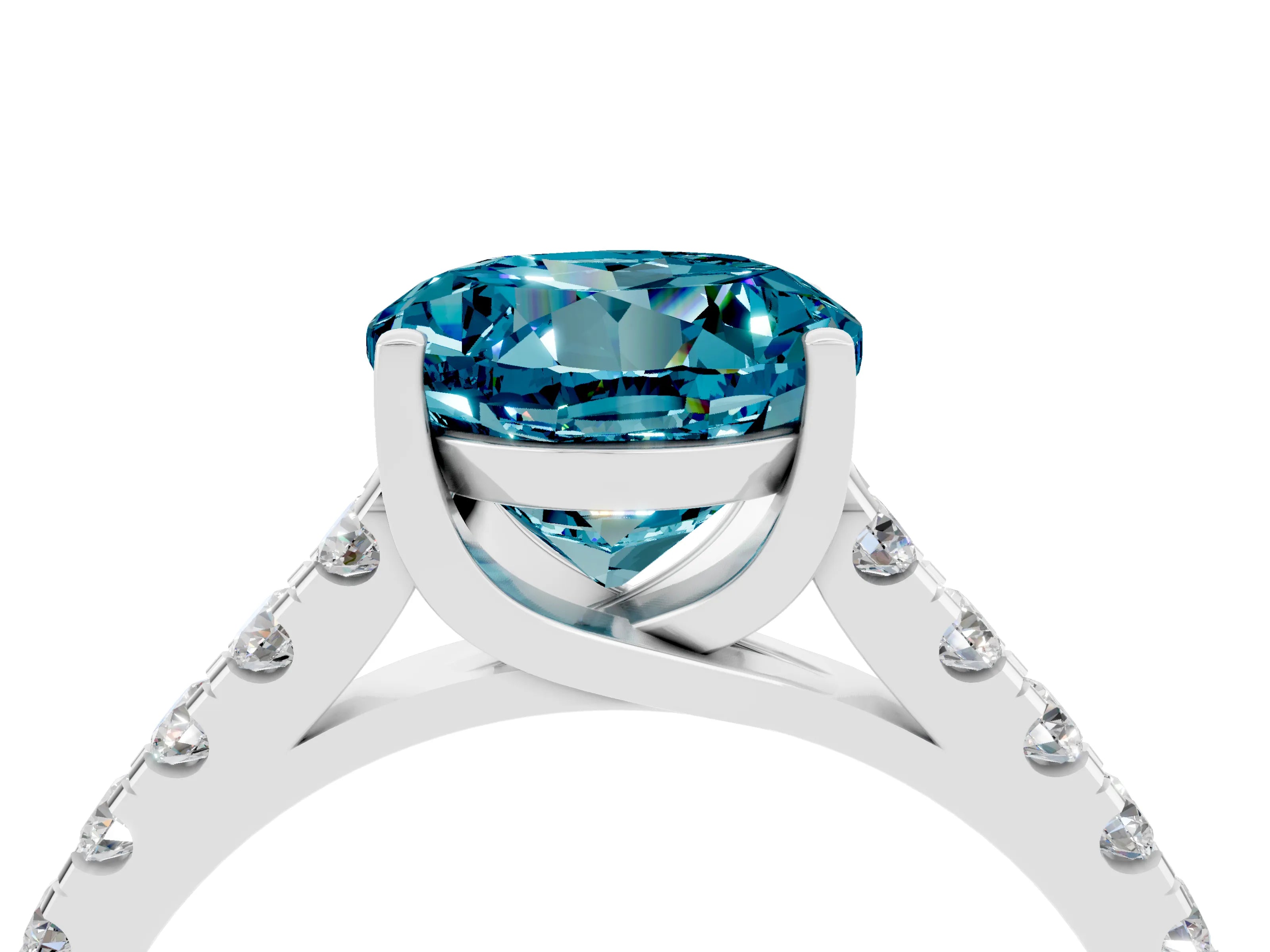 White gold {shape_name} Blue Topaz Solitaire Ring with Pavé Band and Four-Prong Setting_4