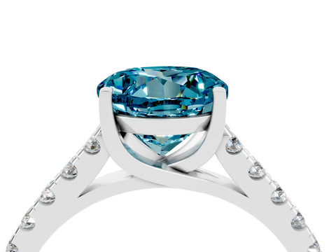 White gold {shape_name} Blue Topaz Solitaire Ring with Pavé Band and Four-Prong Setting_4