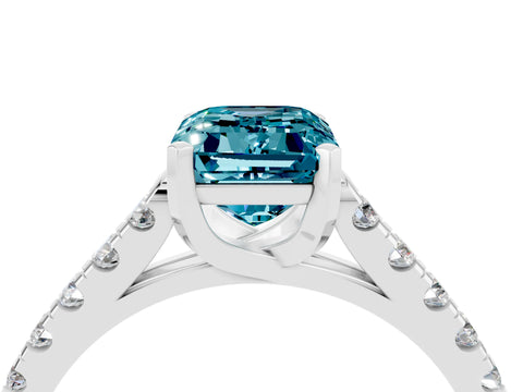White gold {shape_name} Blue Topaz Solitaire Ring with Pavé Band and Four-Prong Setting_4