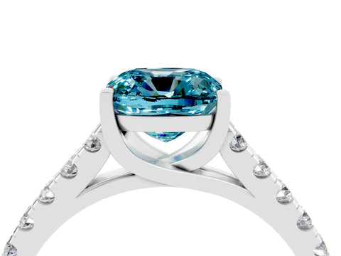 White gold {shape_name} Blue Topaz Solitaire Ring with Pavé Band and Four-Prong Setting_4