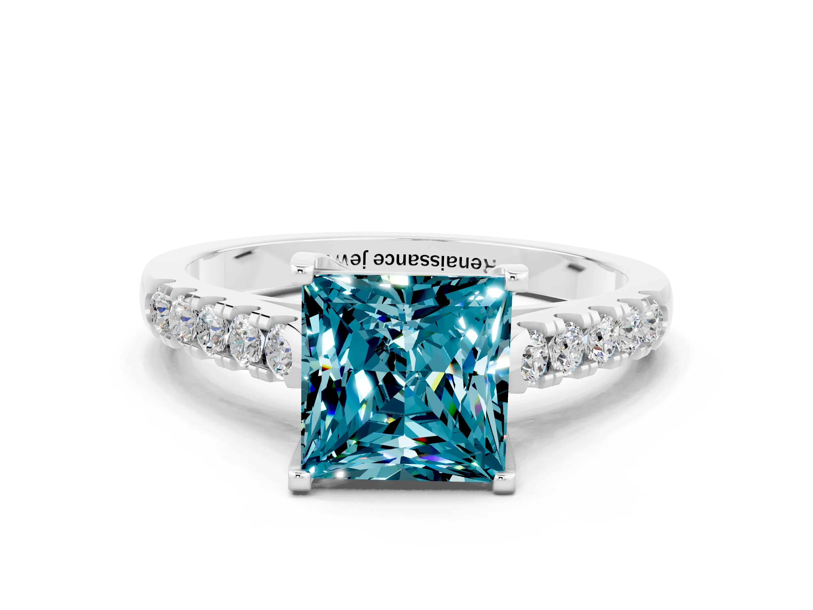 White gold {shape_name} Blue Topaz Solitaire Ring with Pavé Band and Four-Prong Setting