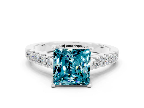 Platinum Princess Cut Blue Topaz Pavé Band Solitaire Ring with Prong Setting