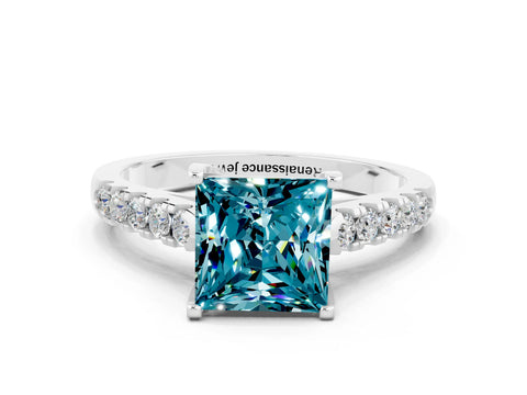 White gold {shape_name} Blue Topaz Solitaire Ring with Pavé Band and Four-Prong Setting
