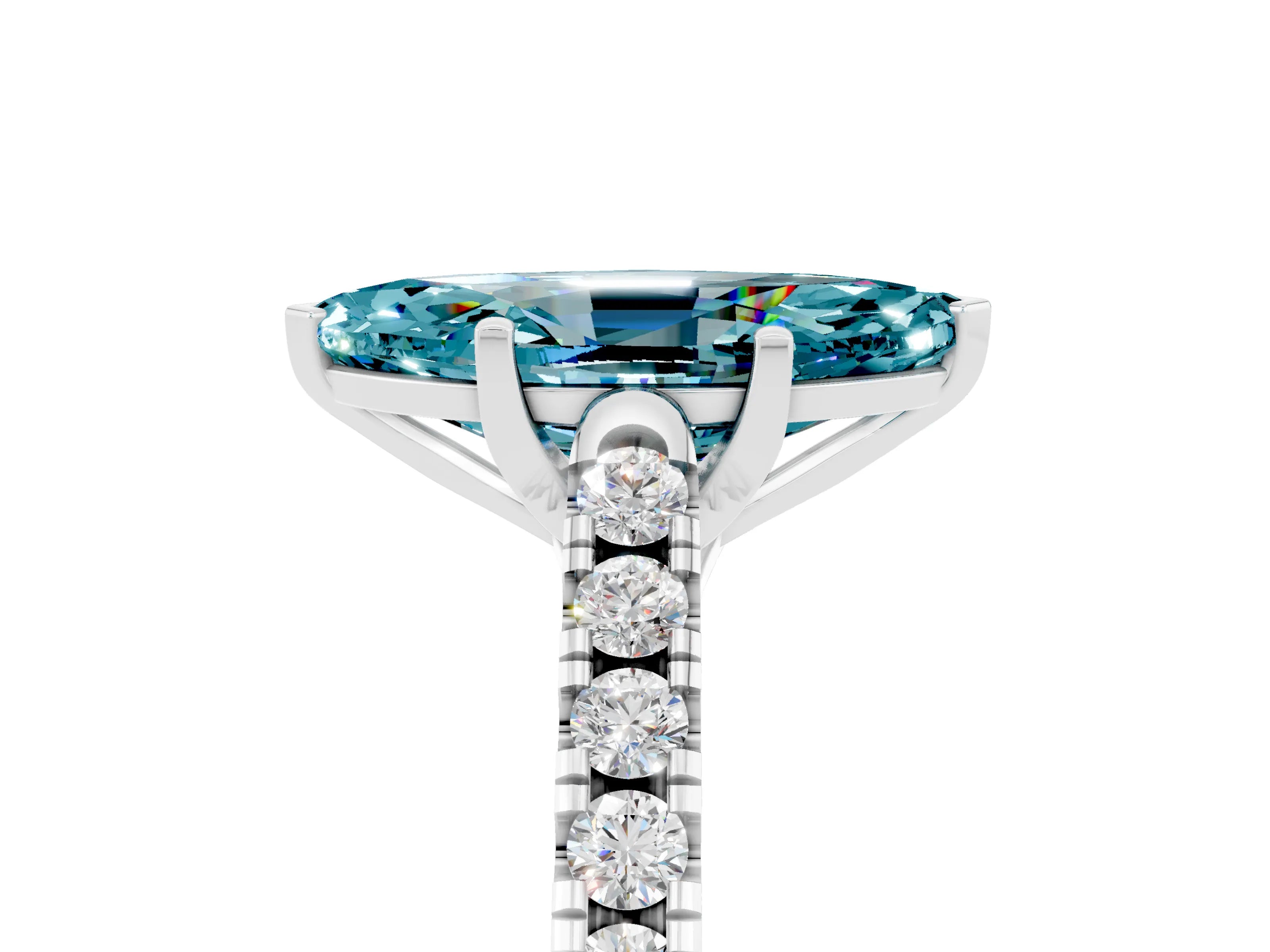 White gold {shape_name} Blue Topaz Solitaire Ring with Pavé Band and Four-Prong Setting_5