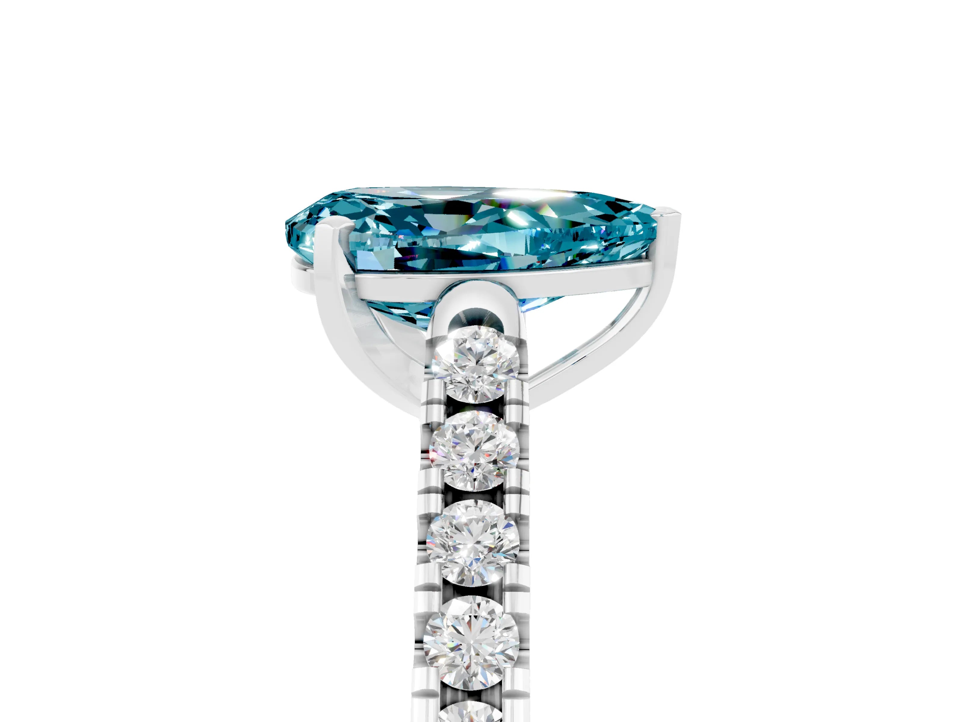 White gold {shape_name} Blue Topaz Solitaire Ring with Pavé Band and Four-Prong Setting_5