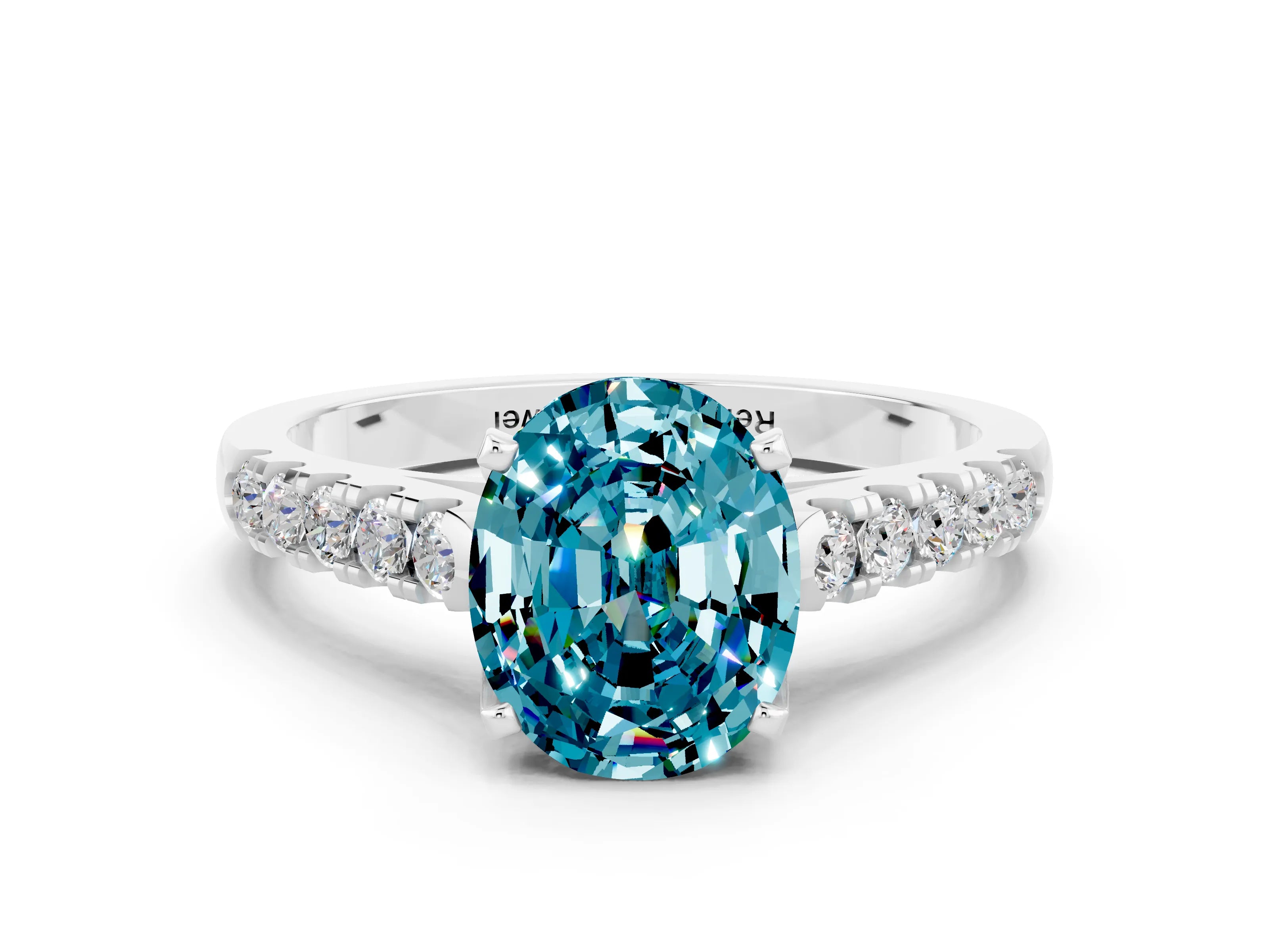 White gold {shape_name} Blue Topaz Solitaire Ring with Pavé Band and Four-Prong Setting