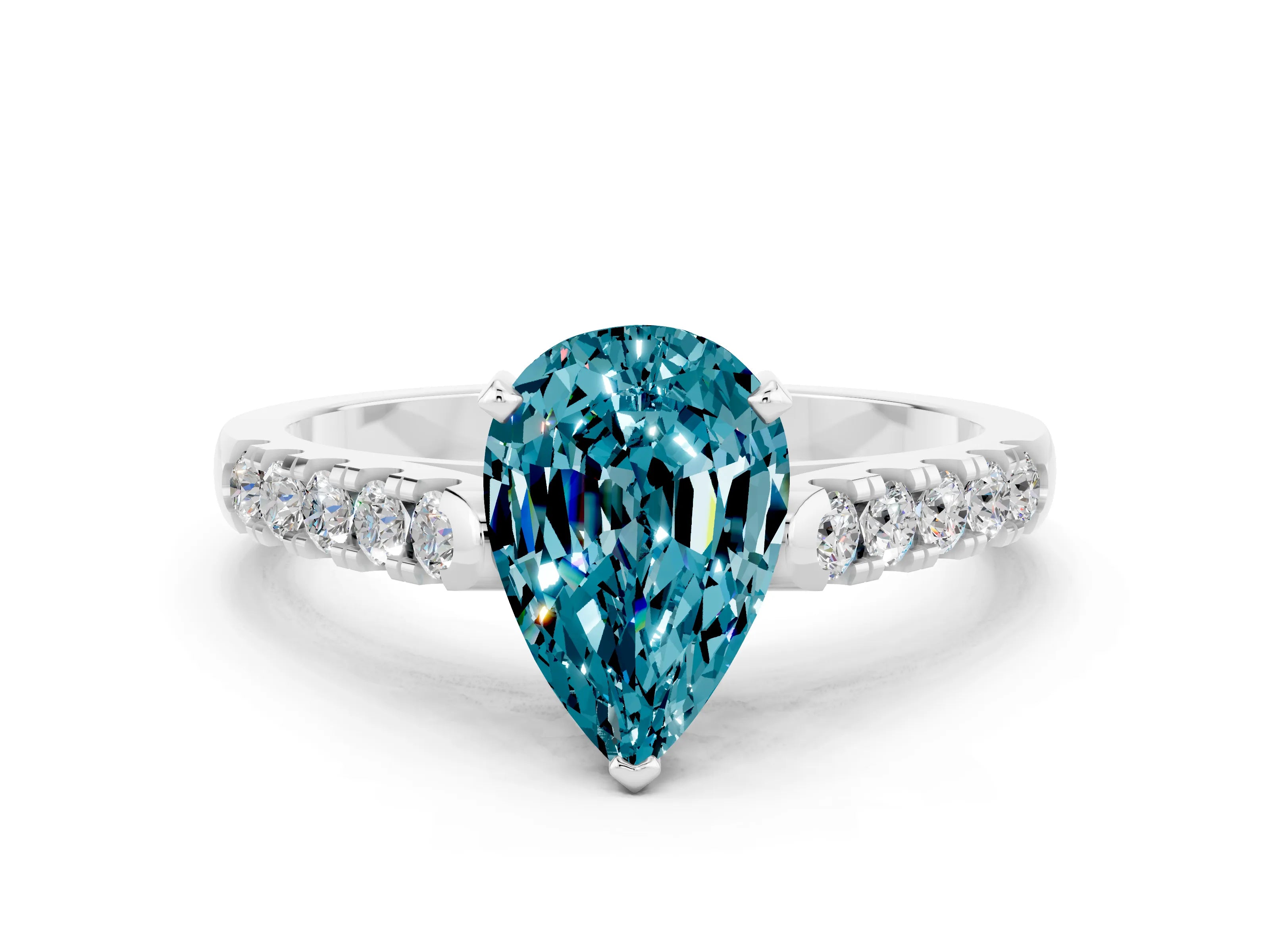 White gold {shape_name} Blue Topaz Solitaire Ring with Pavé Band and Four-Prong Setting