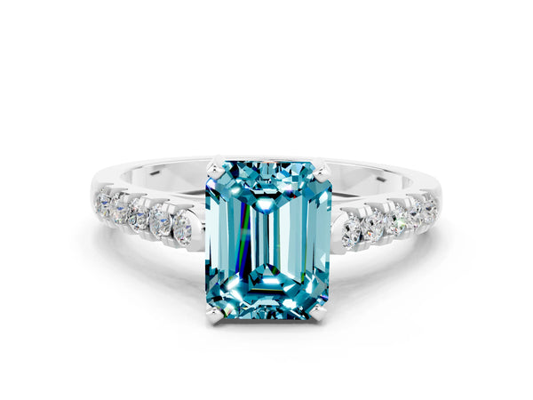 Platinum Emerald Cut Blue Topaz Pavé Band Solitaire Ring with Prong Setting