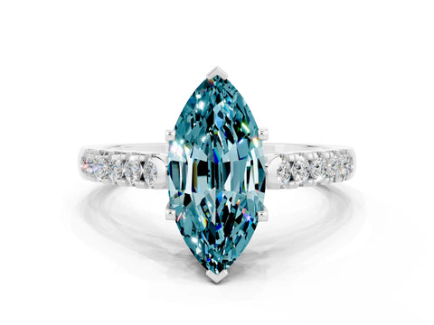 White gold {shape_name} Blue Topaz Solitaire Ring with Pavé Band and Four-Prong Setting