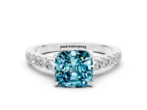 White gold {shape_name} Blue Topaz Solitaire Ring with Pavé Band and Four-Prong Setting
