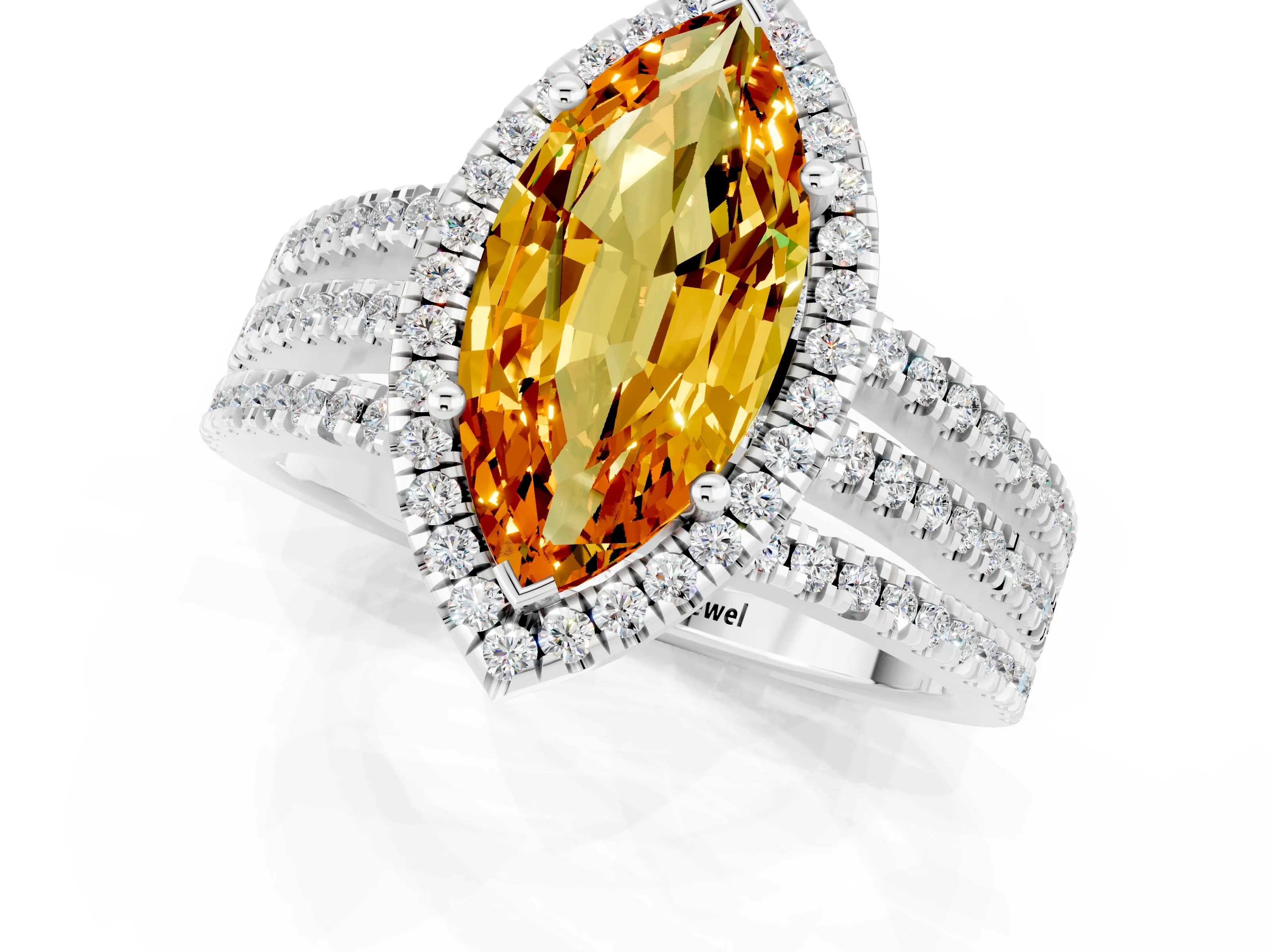 White gold {shape_name} Citrine Halo Engagement Ring with Split Shank and Four-Prong Setting_1