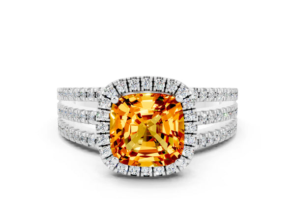 White gold Cushion Cut Citrine Halo Engagement Ring with Split Shank and Four-Prong Setting