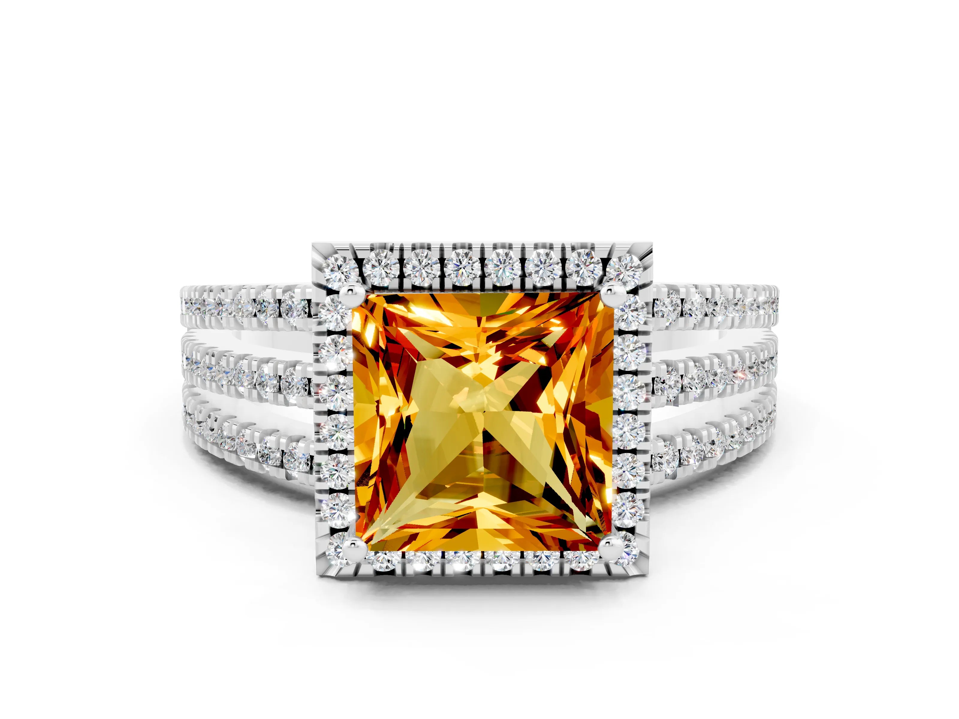 White gold {shape_name} Citrine Halo Engagement Ring with Split Shank and Four-Prong Setting_12