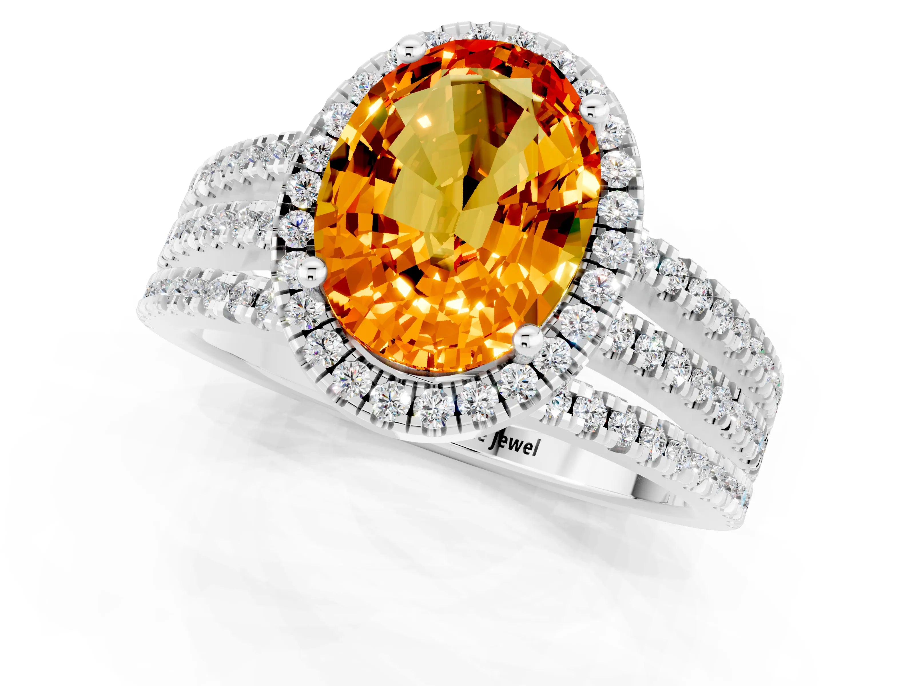 White gold {shape_name} Citrine Halo Engagement Ring with Split Shank and Four-Prong Setting_13