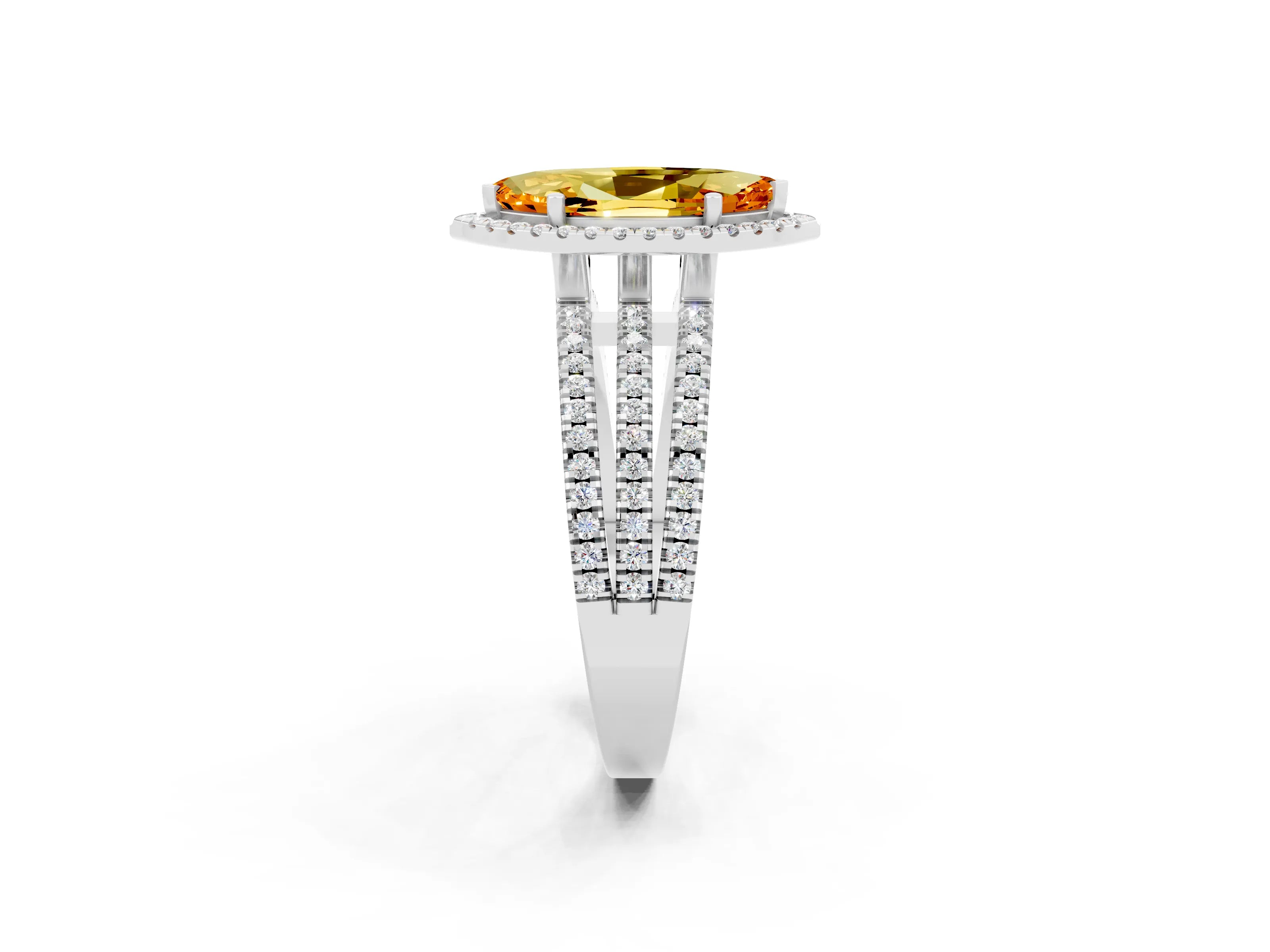 White gold {shape_name} Citrine Halo Engagement Ring with Split Shank and Four-Prong Setting_14