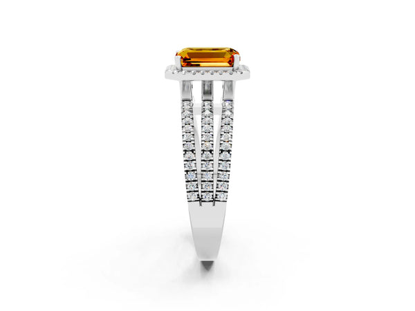 White gold Emerald Cut Citrine Halo Engagement Ring with Split Shank and Four-Prong Setting