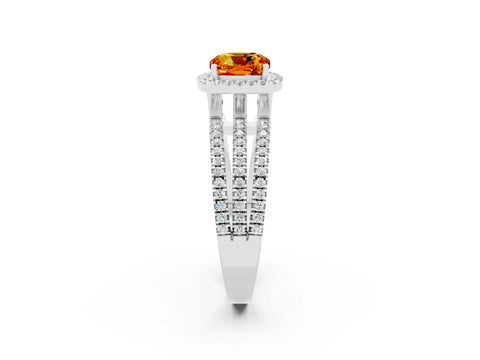 White gold {shape_name} Citrine Halo Engagement Ring with Split Shank and Four-Prong Setting_14