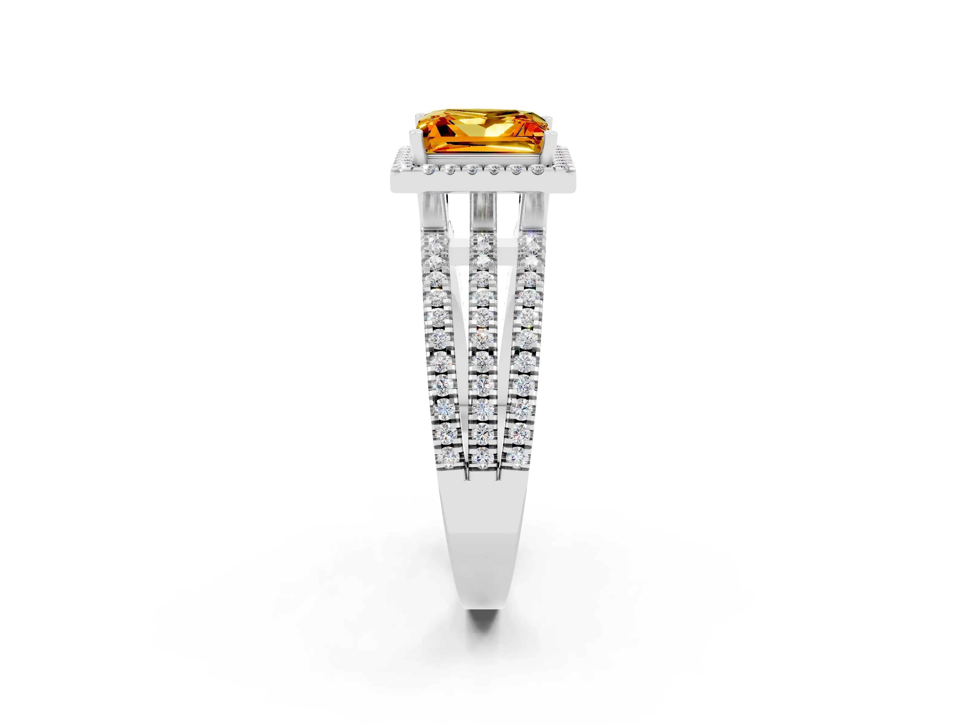 White gold {shape_name} Citrine Halo Engagement Ring with Split Shank and Four-Prong Setting_14