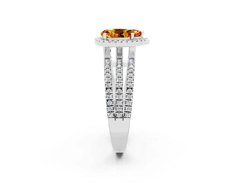 White gold {shape_name} Citrine Halo Engagement Ring with Split Shank and Four-Prong Setting_14