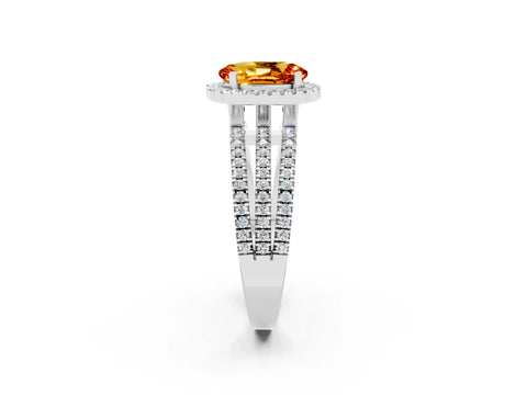 White gold {shape_name} Citrine Halo Engagement Ring with Split Shank and Four-Prong Setting_14