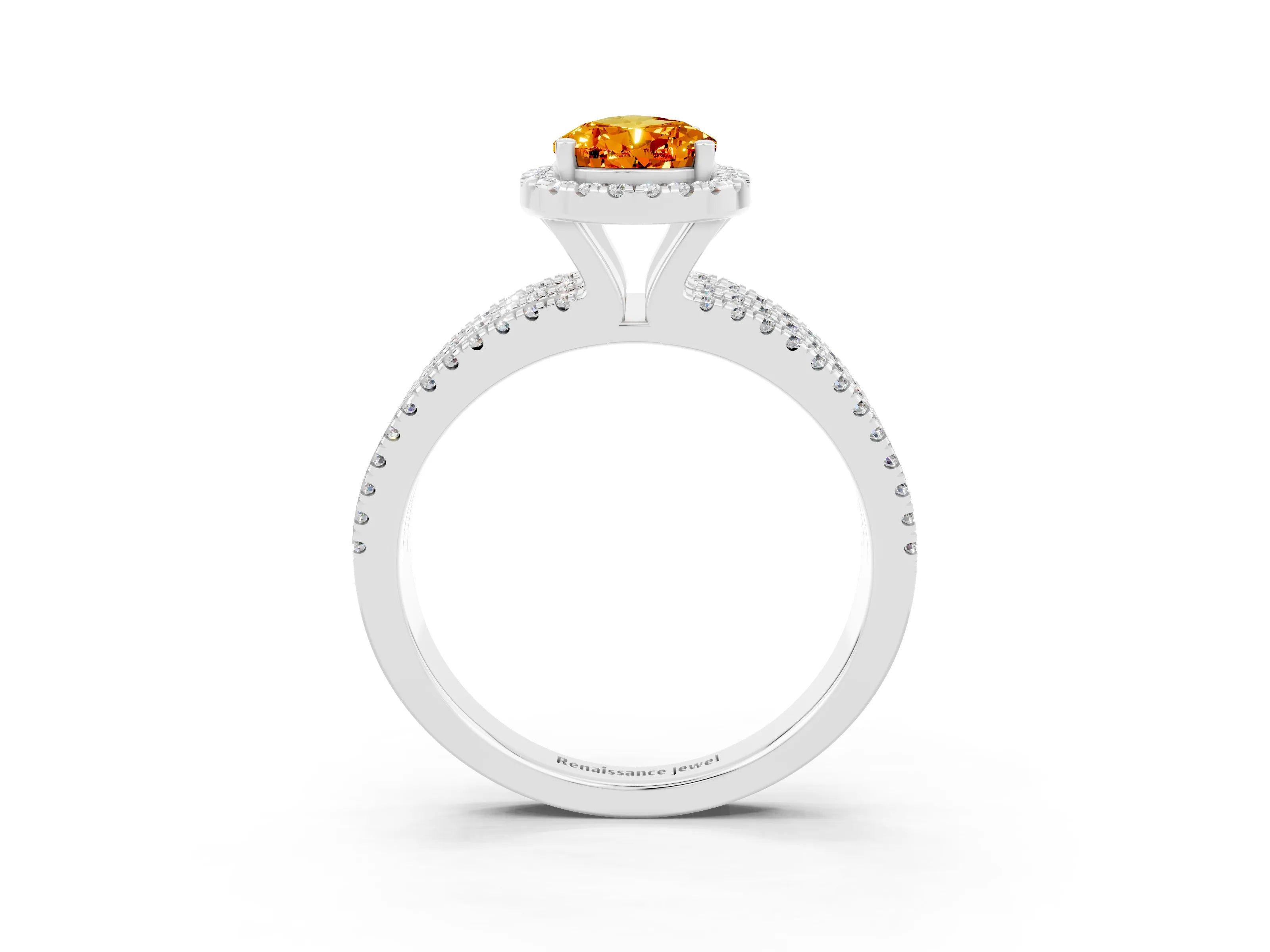 White gold {shape_name} Citrine Halo Engagement Ring with Split Shank and Four-Prong Setting_15