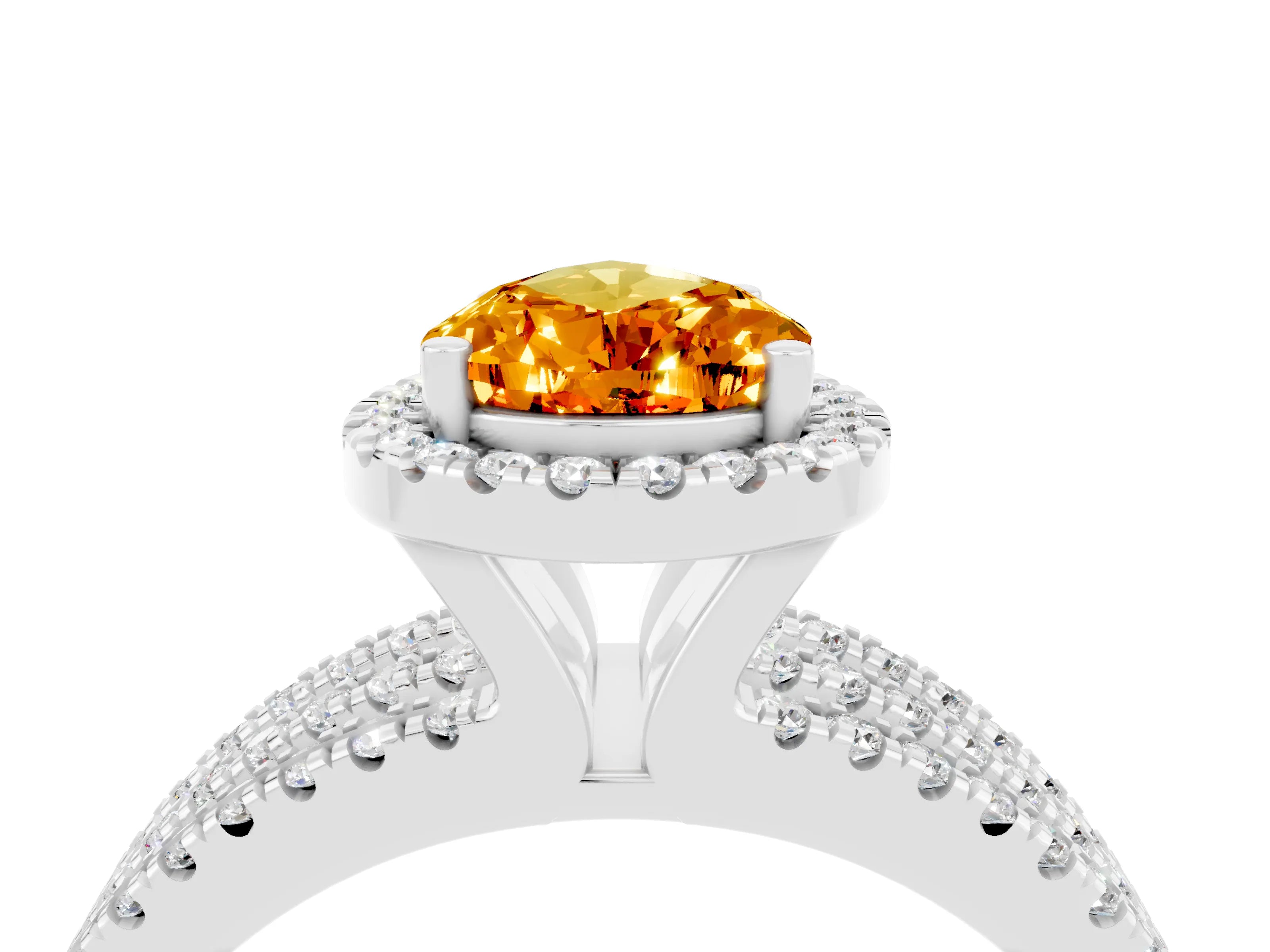 White gold {shape_name} Citrine Halo Engagement Ring with Split Shank and Four-Prong Setting_16
