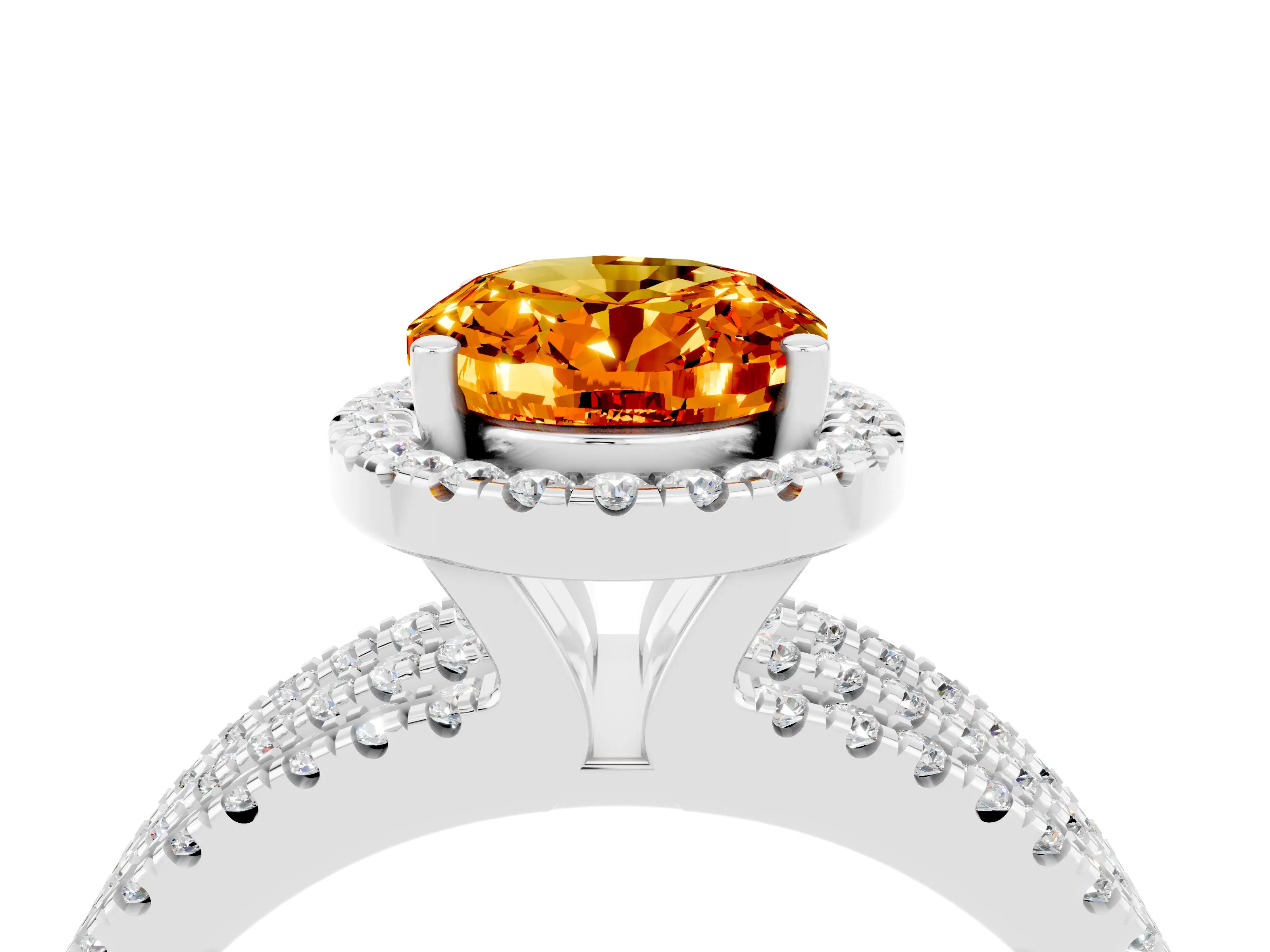 White gold {shape_name} Citrine Halo Engagement Ring with Split Shank and Four-Prong Setting_16
