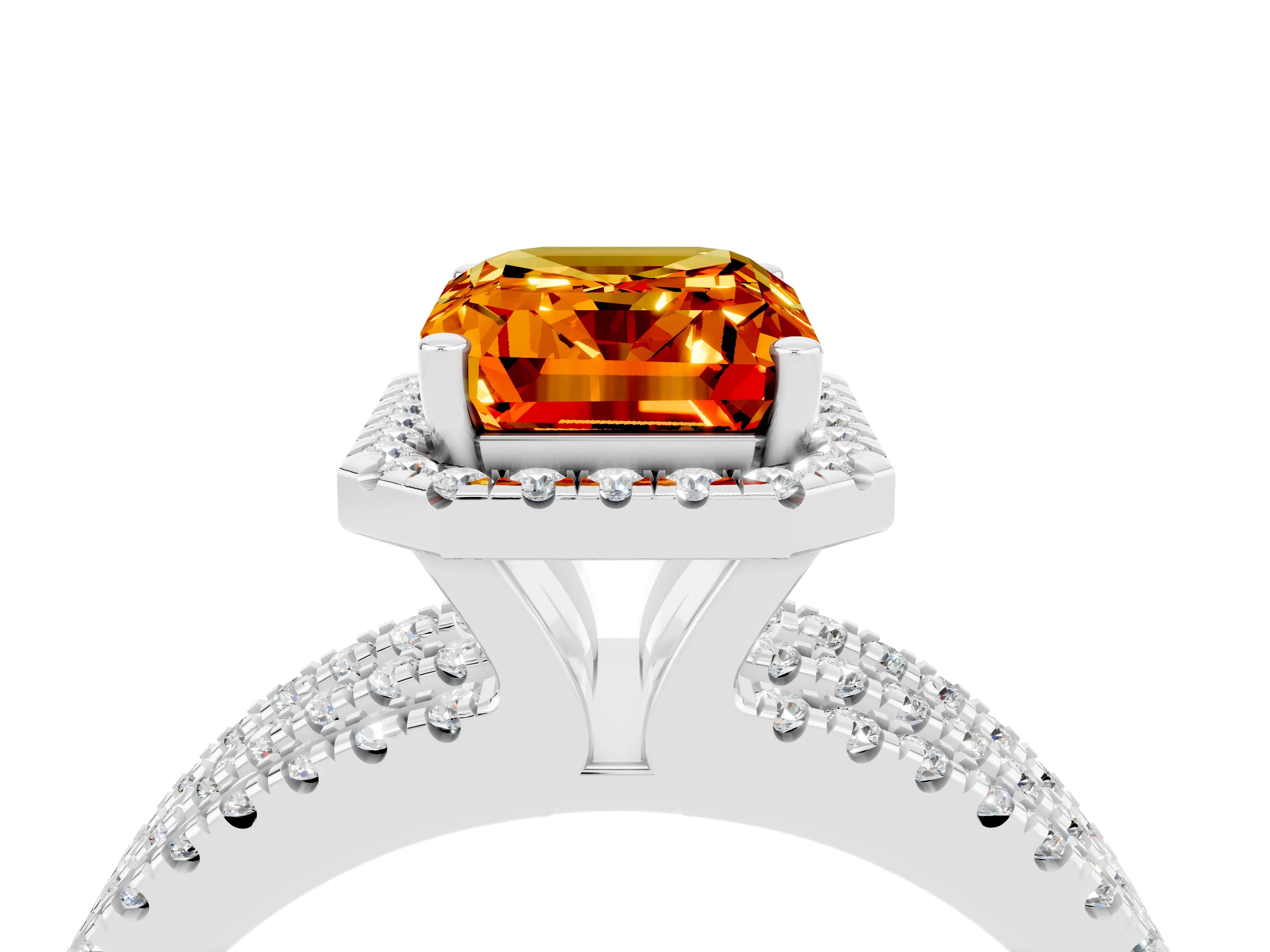 White gold {shape_name} Citrine Halo Engagement Ring with Split Shank and Four-Prong Setting_16