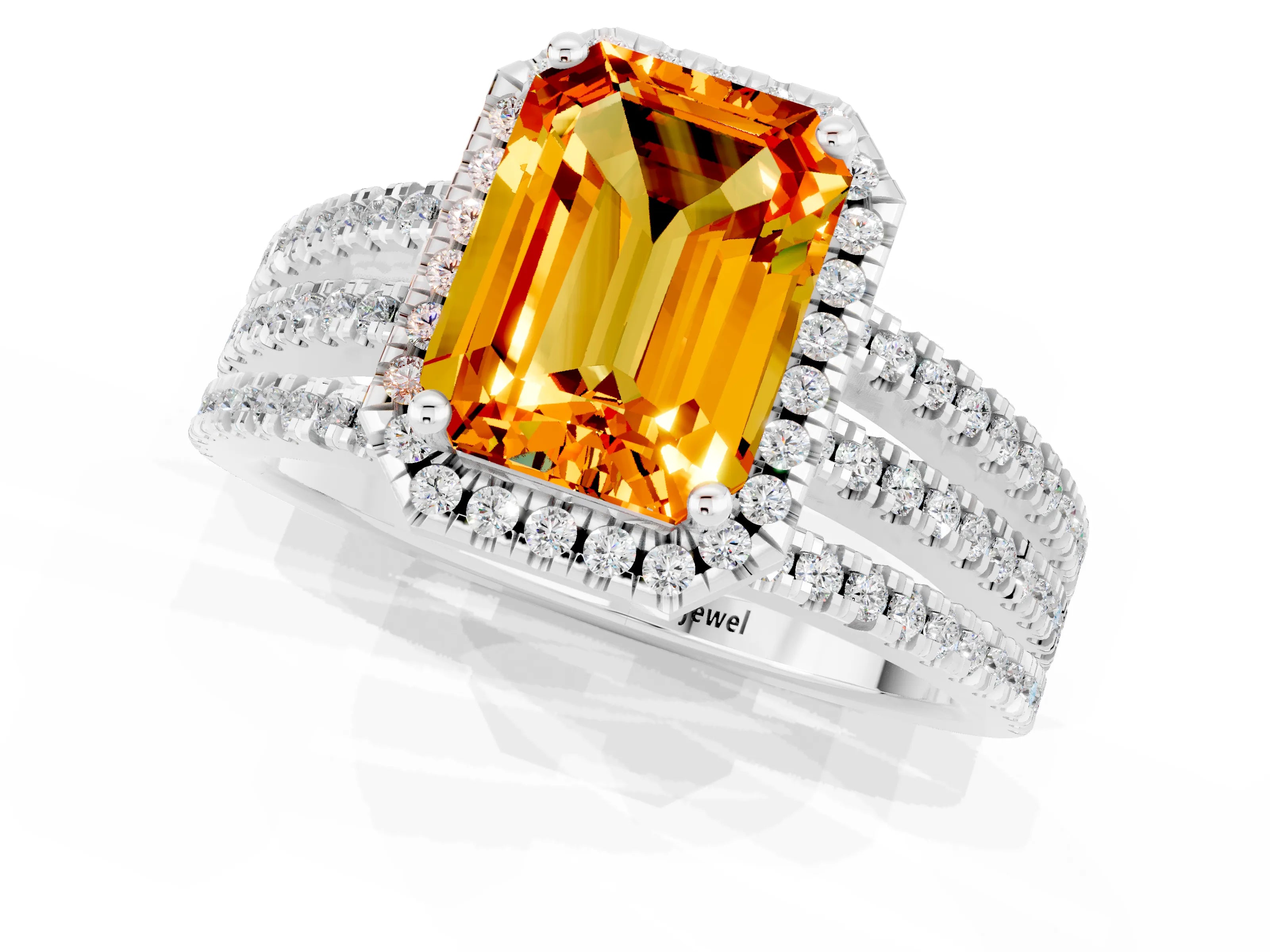White gold {shape_name} Citrine Halo Engagement Ring with Split Shank and Four-Prong Setting_1