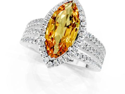 White gold {shape_name} Citrine Halo Engagement Ring with Split Shank and Four-Prong Setting_1