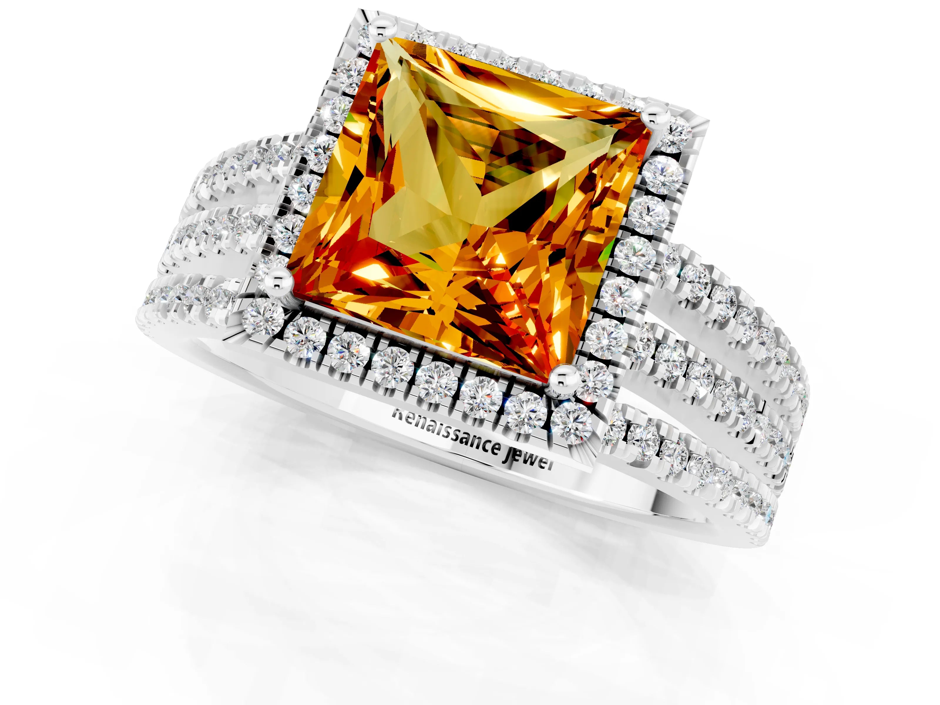 White gold {shape_name} Citrine Halo Engagement Ring with Split Shank and Four-Prong Setting_1
