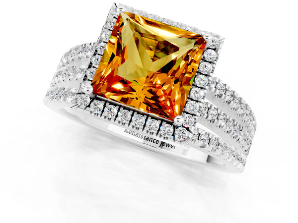 Silver Princess Cut Citrine Halo Engagement Ring with Split Shank and Four-Prong Setting