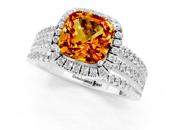 Platinum Cushion Cut Citrine Halo Engagement Ring with Split Shank and Four-Prong Setting