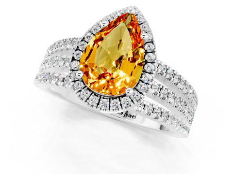 White gold {shape_name} Citrine Halo Engagement Ring with Split Shank and Four-Prong Setting_1