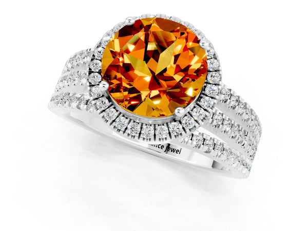 Silver Round Cut Citrine Halo Engagement Ring with Split Shank and Four-Prong Setting