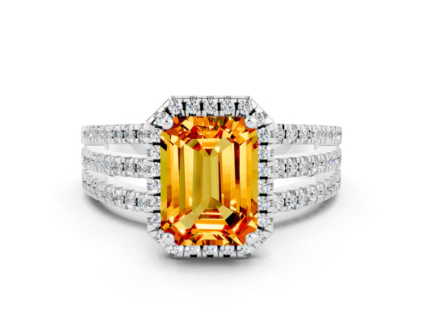 Platinum Emerald Cut Citrine Halo Engagement Ring with Split Shank and Four-Prong Setting