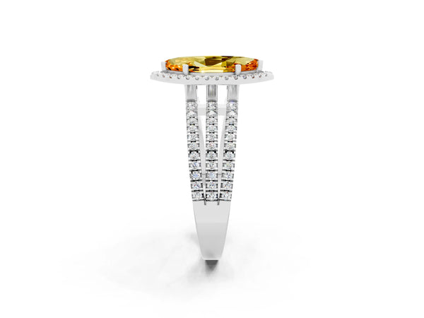 Platinum Marquise Cut Citrine Halo Engagement Ring with Split Shank and Four-Prong Setting
